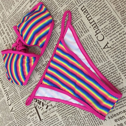 Three-piece rainbow striped bikini suit with triangle top, thong bottom, and long-sleeved cropped cover-up. - Image 7