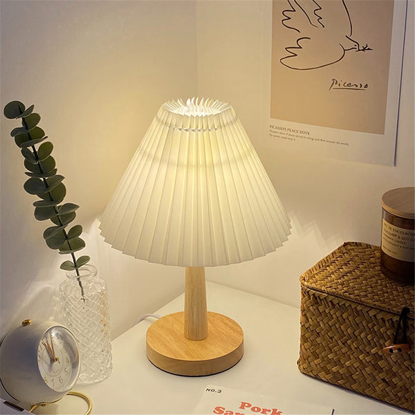 Lámpara de Mesa Plisada Vintage USB, Luz Regulable Estilo Coreano