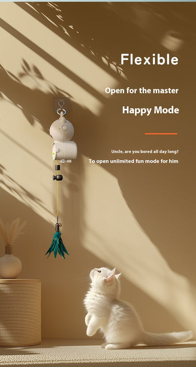 White retractable cat toy with a teal feather attachment hanging from a silver hook, designed for pet play. - Image 9