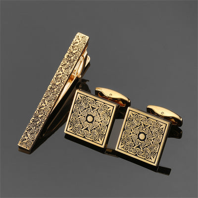 Juego de Clips de Corbata y Gemelos con Cristales Negros y Patrón Floral Esmaltado en Oro y Plata - Image 24