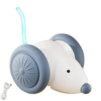 White and grey electric mouse cat toy with large wheels, a glowing blue tail, and a USB charging cable. - Image 15