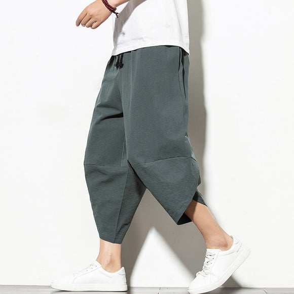 Pantalones Harem Sueltos de Algodón y Lino Color Sólido