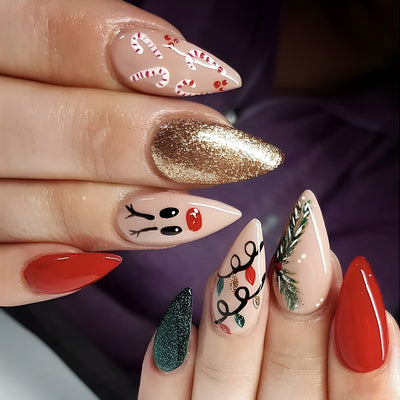 Stickers de Uñas Navideños Forma Alce y Caramelo