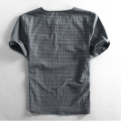 Camiseta Hombre Algodón Rayas Cuello Abierto Manga Corta Suelta Casual - Image 14