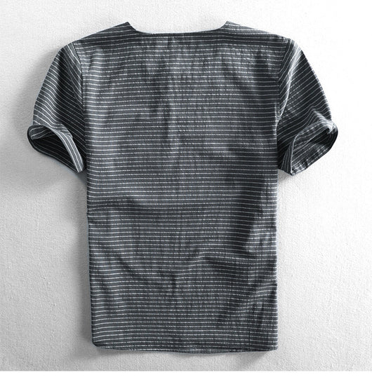 Camiseta Hombre Algodón Rayas Cuello Abierto Manga Corta Suelta Casual - Image 14