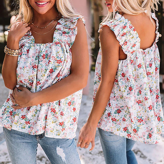 Blusa Floral Suelta con Escote Cuadrado sin Mangas para Mujer - Image 2