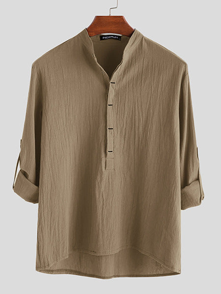 Camisa Holgada de Algodón y Lino Color Sólido Manga Larga - Image 2