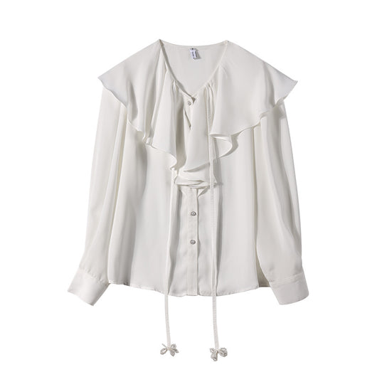 Blusa Blanca para Mujer con Corbata de Perlas y Cuello Hoja de Loto - Image 12
