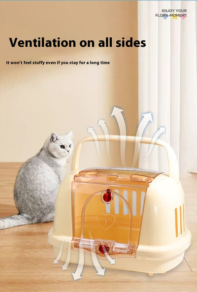 Brown pet carrier with a clear front door, top handle, ventilation slots, and a white urinating pad. - Image 16