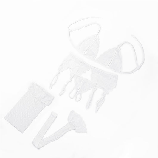 Conjunto de 4 Piezas: Liguero de Encaje, Medias de Malla y Ropa Interior Sensual - Image 3