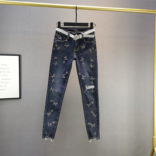 Pantalón Lápiz Cintura Alta Ajustador Mariposa Brillos Algodón Elástico