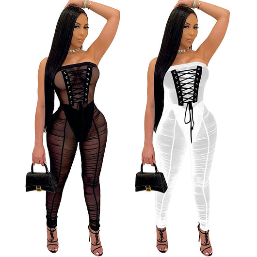 Jumpsuit Transparente con Malla y Cinturón Alto - Estilo Casual Sofisticado - Image 6