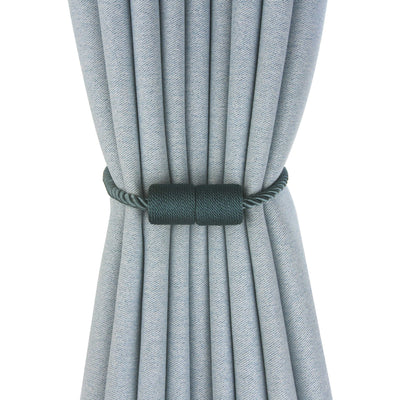 Black cylindrical magnetic curtain tieback holding a light blue pleated curtain, against a clean white background. - Image 7