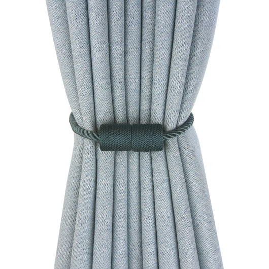 Black cylindrical magnetic curtain tieback holding a light blue pleated curtain, against a clean white background. - Image 7
