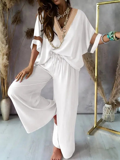 Conjunto de Dos Piezas Pantalón Ancho Cuello V Casual Retro Mujer - Image 4