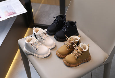 Black children's fashion Martin boots with laces and a side zipper, featuring a thick rubber sole. - Image 35