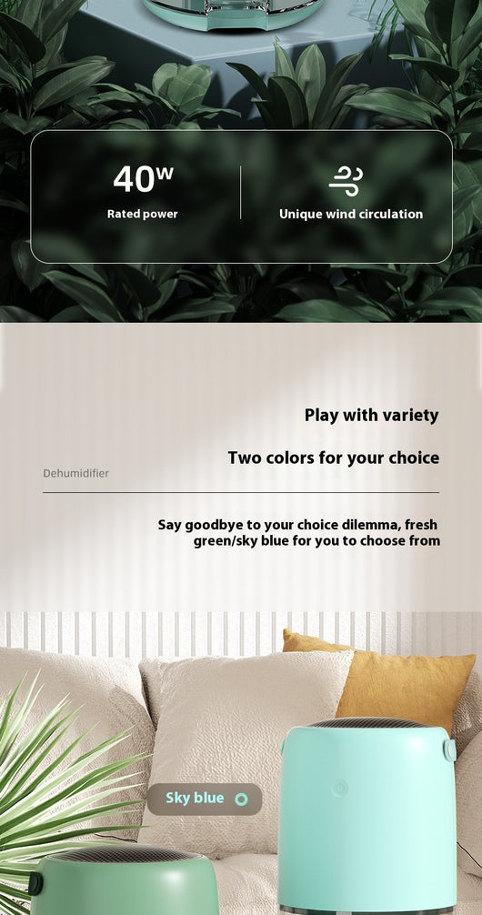 White compact dehumidifier with a transparent water tank, featuring a top grille and a power button. Highlights smart start, defrost, night mode, and quiet oper - Image 10