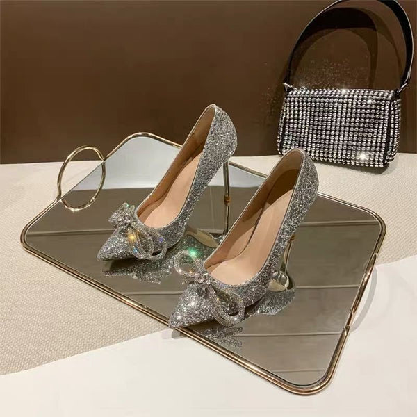Zapatos de Novia Stiletto con Moño, Punta Afilada y Cristales Brillantes