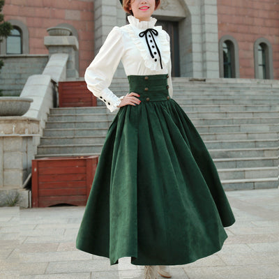 Conjunto Retro: Blusa Blanca con Mangas Linterna y Falda Verde Cintura Alta - Image 9