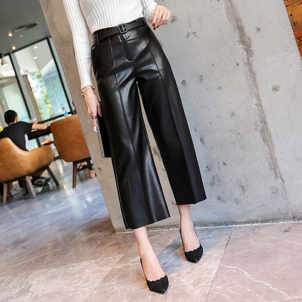 Pantalones de Cuero Sintético para Mujer Cintura Alta con Cinturón Primavera