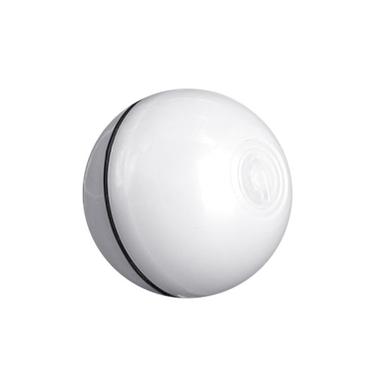 Mint green plastic toy ball for cats, featuring a visible seam and a circular indentation, possibly a charging port.
