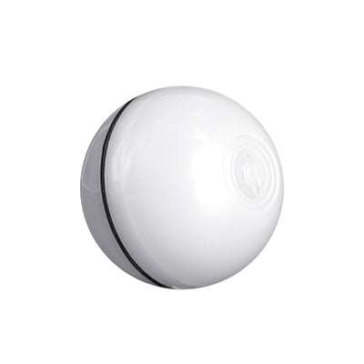 Mint green plastic toy ball for cats, featuring a visible seam and a circular indentation, possibly a charging port.