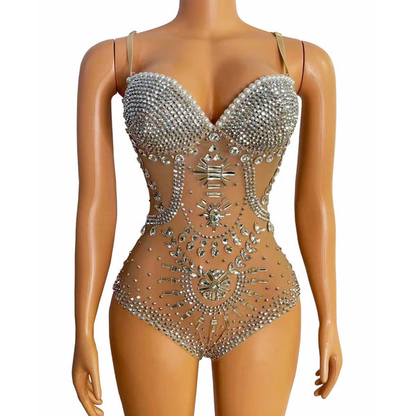 Jumpsuit de Lujo Mesh con Diamantes Completos y Escote Triangular