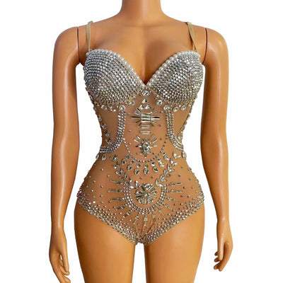 Jumpsuit de Lujo Mesh con Diamantes Completos y Escote Triangular