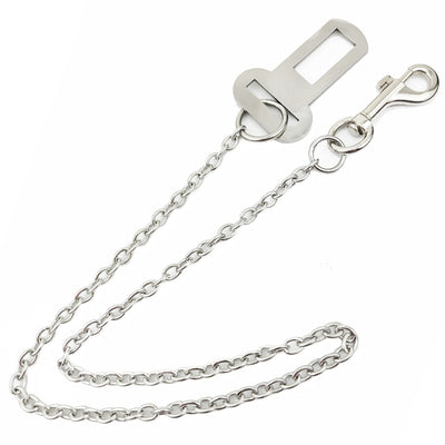 Stainless steel pet safety chain with a swivel snap hook and a seatbelt buckle attachment on a white background.