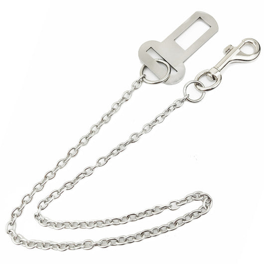 Stainless steel pet safety chain with a swivel snap hook and a seatbelt buckle attachment on a white background.