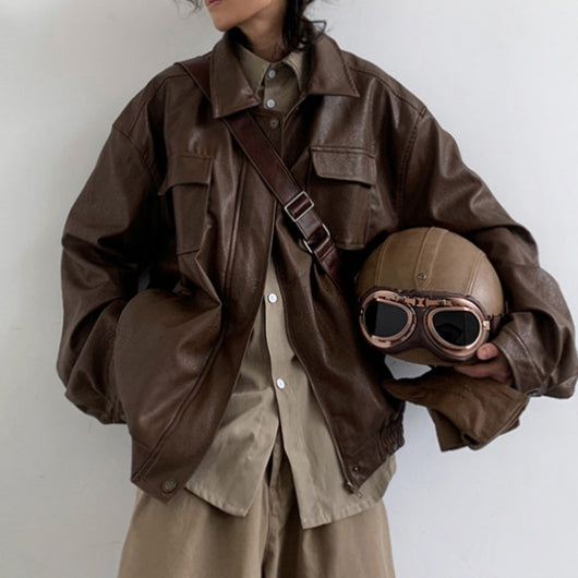 Chaqueta de Cuero PU Vintage Japonesa para Motocicleta