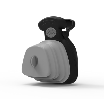 Blue and black foldable pet poop bag dispenser with an integrated scoop, ideal for travel and outdoor use. - Image 2
