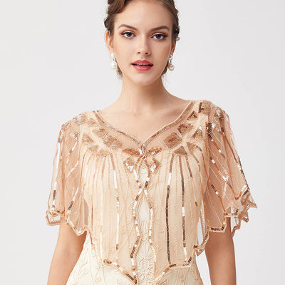 Capa Corta de Lentejuelas y Malla - Vestido Cheongsam para Cena y Eventos