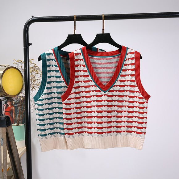 Chaleco Tejido Jacquard con Contraste Retro para Mujer