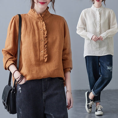 Blusa Retro de Algodón y Lino Talla Grande Mujer Blanca Casual Manga Larga con Encaje