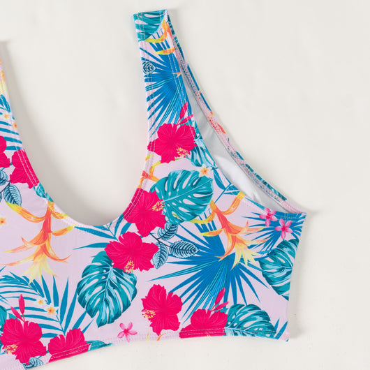 Multicolor tropical print three-piece swimsuit set with high-waisted bikini and sheer mesh cover-up on a beach. - Image 32