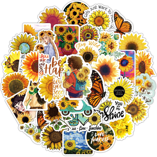A collection of sunflower stickers, including a large central sticker with a Van Gogh-inspired sunflower painting on a blue background. - Image 12