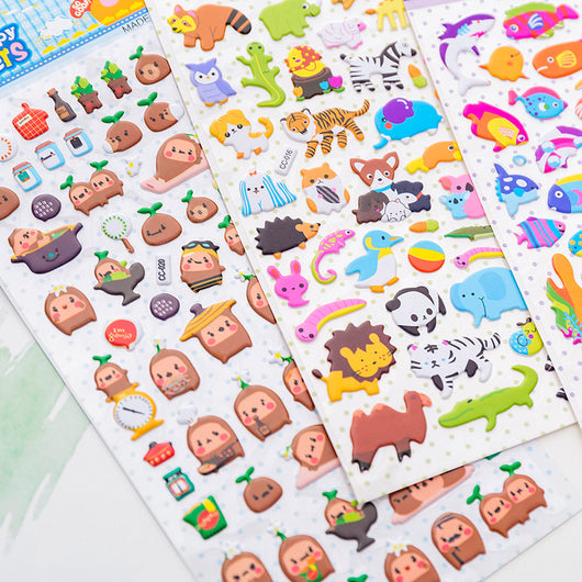 Sheet of colorful puffy alphabet stickers with cute cartoon animals, food, and objects for decoration. - Image 2