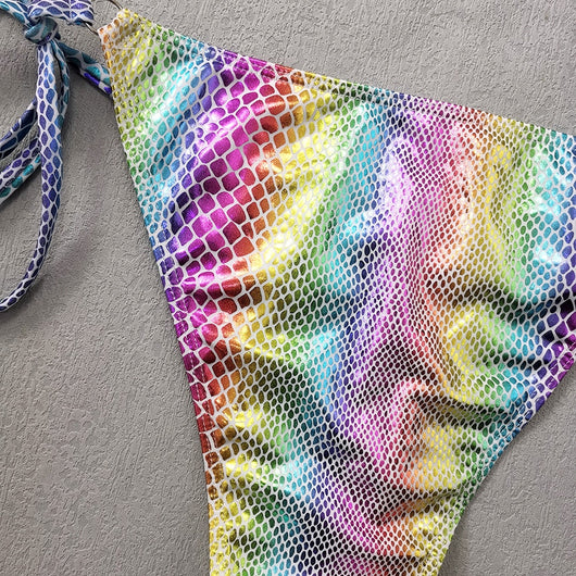Gradient snakeskin print bikini with iridescent colors, triangle top, and tie-side bottoms. - Image 10