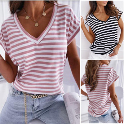 Blusa Rayada Escote V Manga Corta Ideal para Verano - Image 3