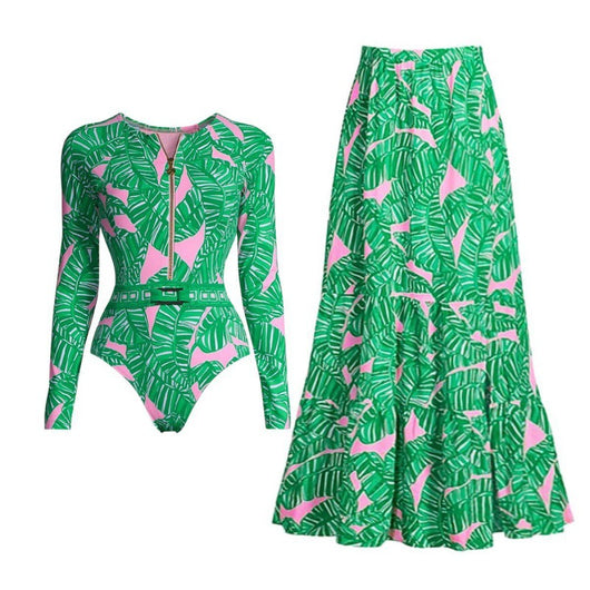 Green and pink tropical leaf print maxi skirt with tiered ruffles and an elastic waistband. - Image 5