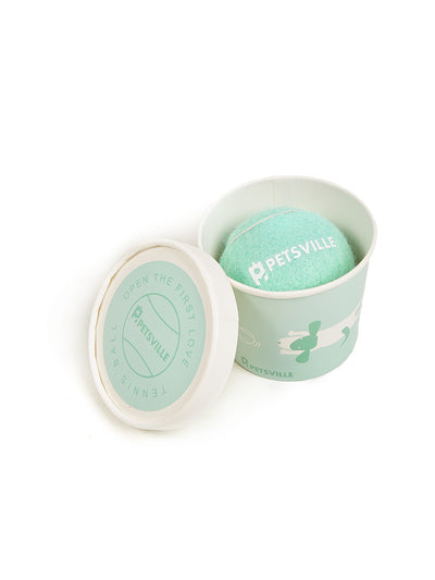 Beige Petsville tennis ball for dogs in a light yellow cylindrical container with a playful dog illustration. - Image 4