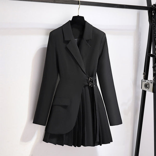 Blazer de Traje Negro con Falda Plisada y Solapa Diseñada para Mujer