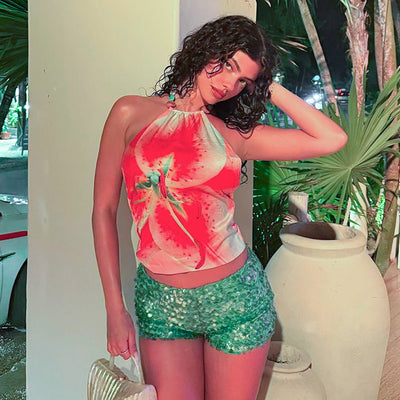 Top Halter Estampado sin Mangas y Espalda Descubierta