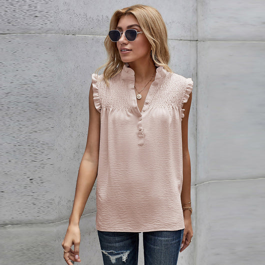 Blusa Suelta de Cuello Alto con Volantes y Botones - Estilo Casual Verano - Image 12
