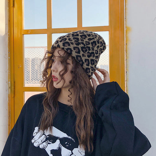 Gorro de Lana Tejido Estampado Leopardo Retro para Otoño e Invierno