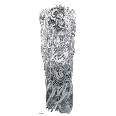Full arm temporary tattoo sticker with a black, red, and light blue tribal design, featuring abstract shapes and patterns. - Image 29