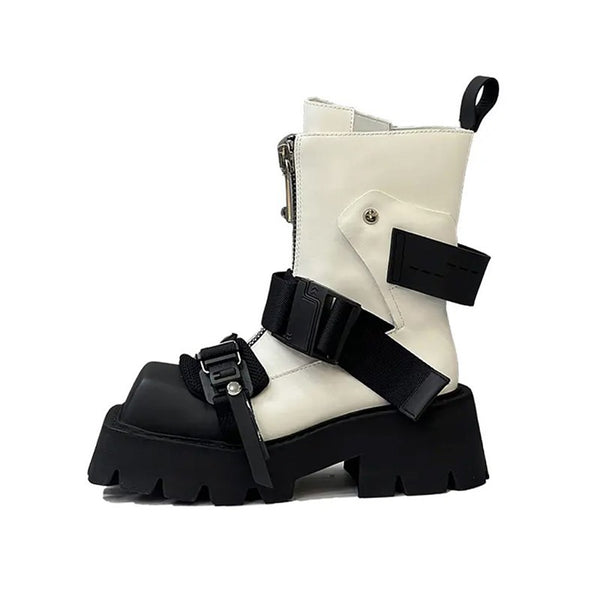 Botines de Cuero con Punta Cuadrada y Suela Gruesa para Mujer