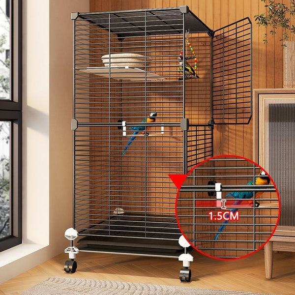 Large black metal bird cage with two columns and three levels, including perches, platforms, food bowls, and a pull-out tray. Two parrots are visible inside.