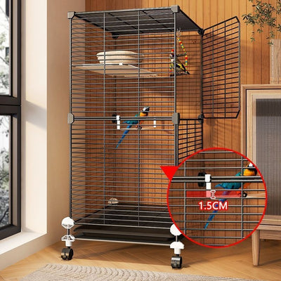 Large black metal bird cage with two columns and three levels, including perches, platforms, food bowls, and a pull-out tray. Two parrots are visible inside.